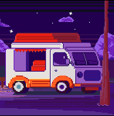 пиксельное изображение домика на колесах в лесу около дерева